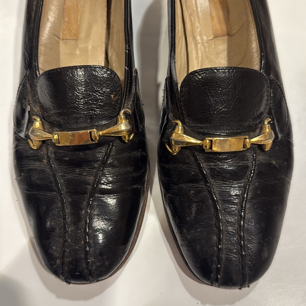 Gucci Black Leather Loafers with Gold Detail Block Heel - SOLD ON EBAY - Picture 2 of 5